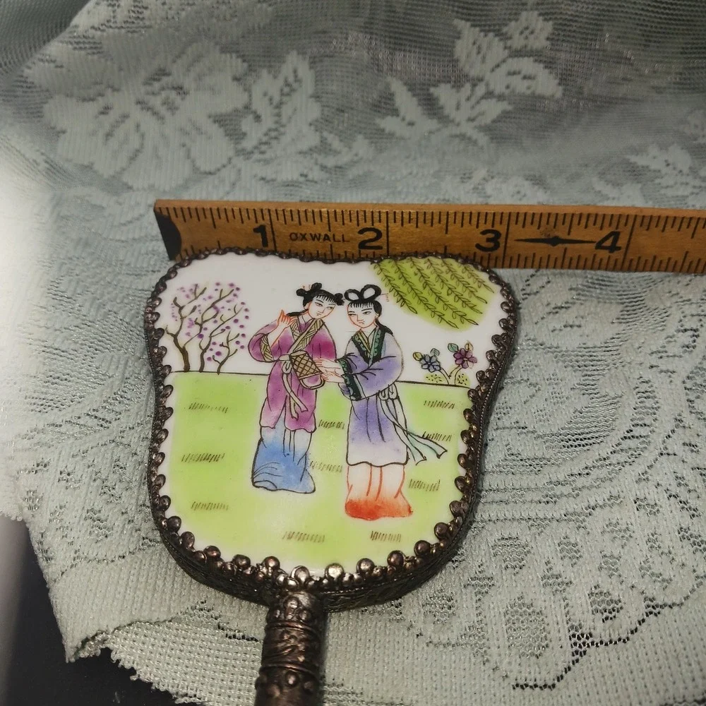 Chinese Handheld Jade Handle Mirror Antique 1920s Porcelain with metal repoussé